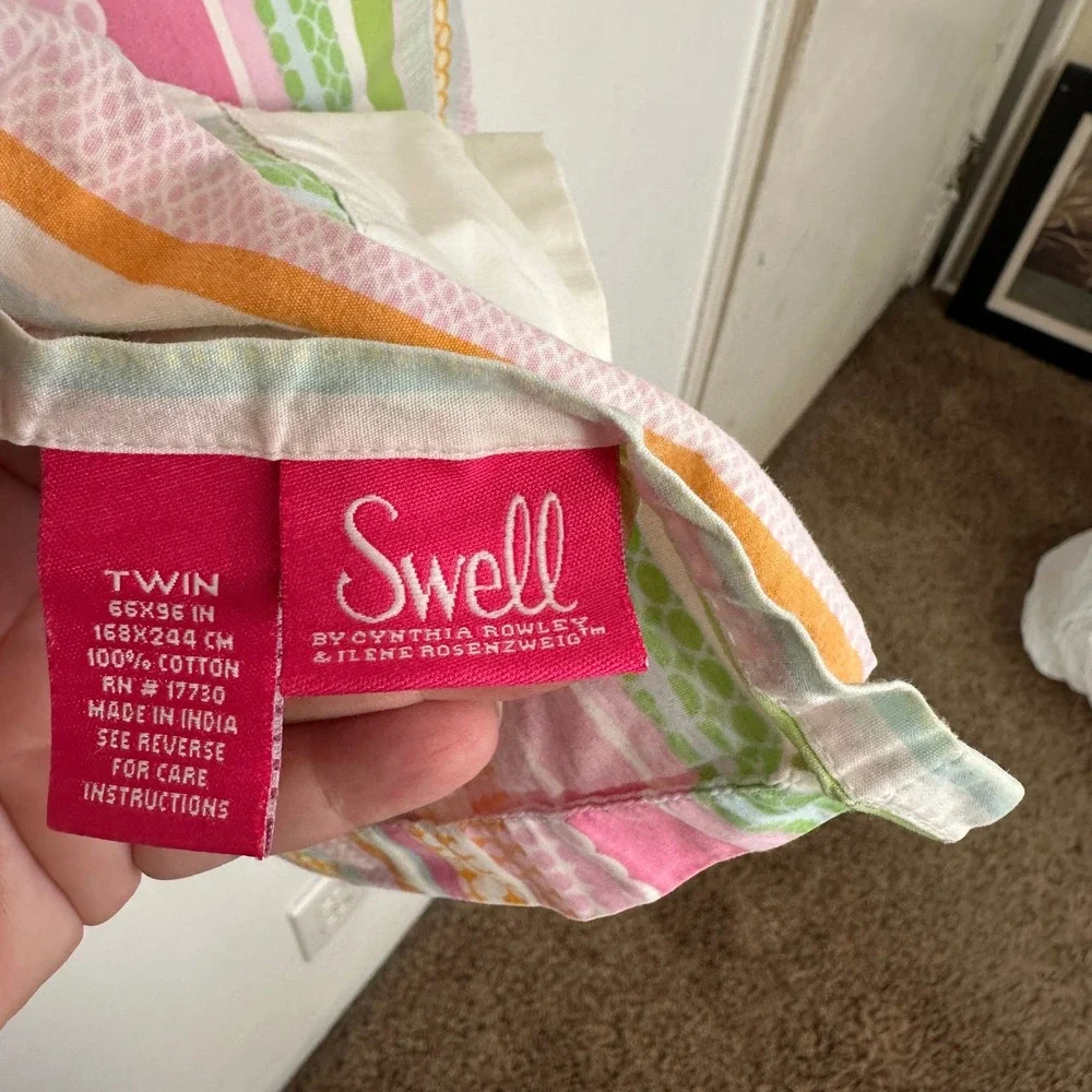 Swell Cynthia Rowley Twin Flat Sheet Cotton Pink Green Orange Stripe Bedding